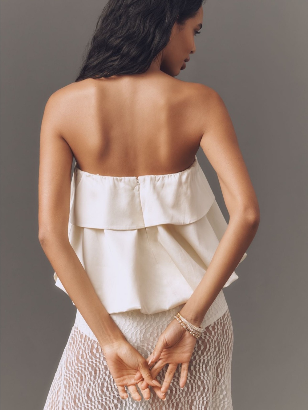NWT Anthropologie Strapless Ruffle-Overlay Tube Top - Cream - Picture 2 of 5